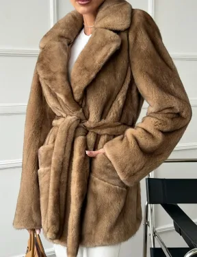 Полушубок норковый пастель с меховым поясом - фото 3