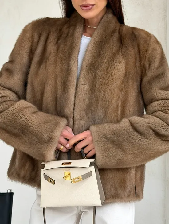 Укороченная шуба из натурального меха норки - пастель - фото 3