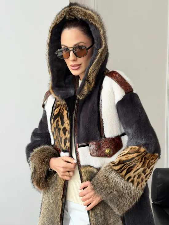 Комбинированная норковая шуба с капюшоном - фото 5