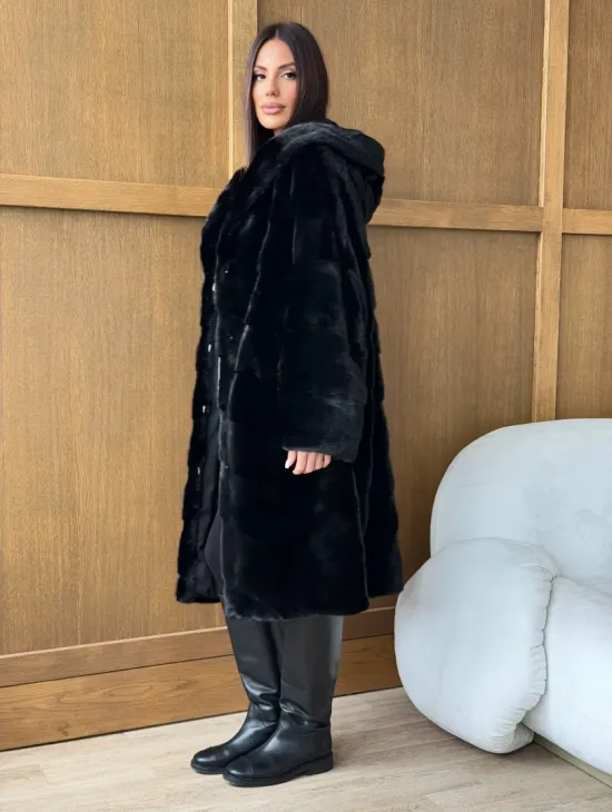 Черная норковая шуба с капюшоном - фото 7
