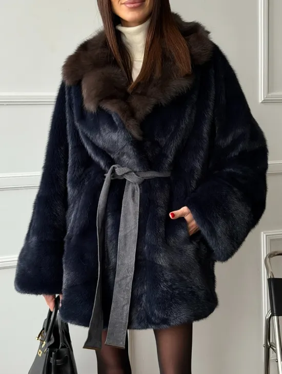Норковый полушубок летучая мышь с воротником куницы  Dark Blue - фото 3