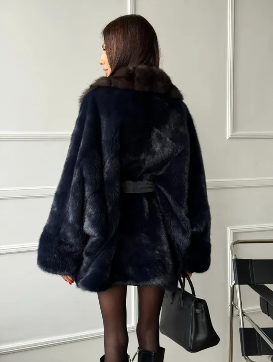 Норковый полушубок летучая мышь с воротником куницы  Dark Blue - фото 6