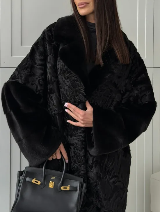 Черная шуба из каракуля с норкой - фото 2
