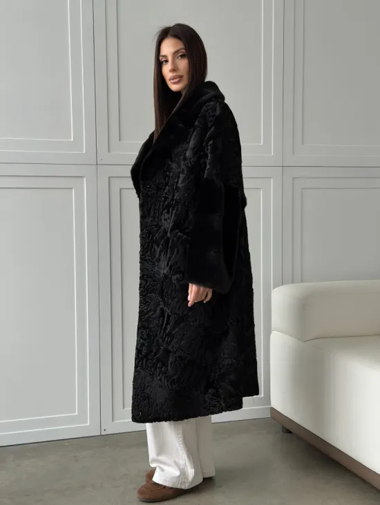 Черная шуба из каракуля с норкой - фото 14