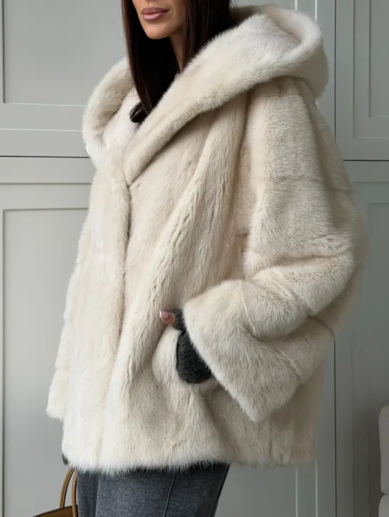 Норковый полушубок с капюшоном кобра - фото 1