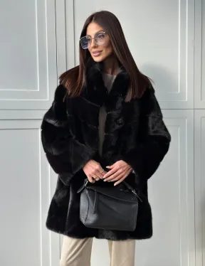 Черная норковая шуба - стойка воротник - фото 12