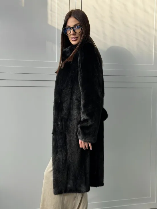 Черная норковая шуба - воротник стойка - фото 8