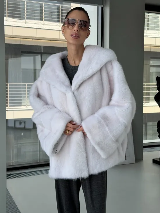 Белый норковый полушубок с капюшоном кобра - фото 5