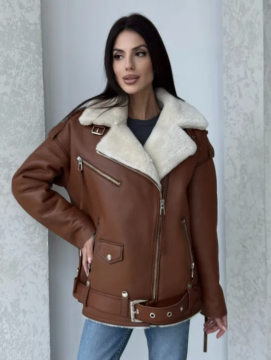 Дубленка авиатор из натуральной кожи в цвете виски - фото 0