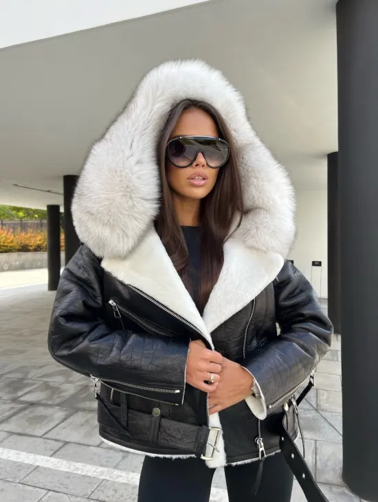 Дублёнка - косуха из натуральной кожи CROCO с капюшоном из финского песца - фото 1