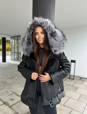 Дубленка - косуха с капюшоном из меха чернобурой лисы - фото 1