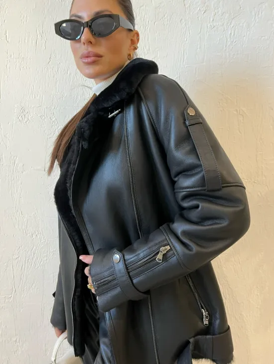 Дубленка авиатор в черном цвете из натуральной овчины - фото 1