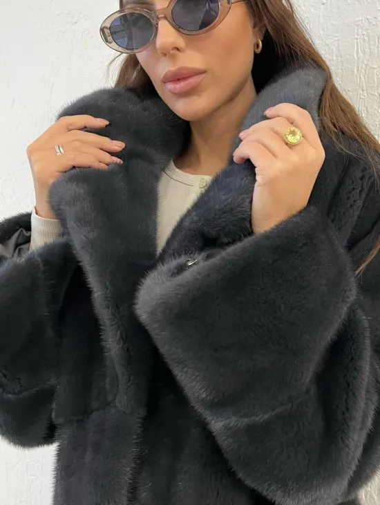 Шуба норковая с английским воротником - цвет графит - фото 2