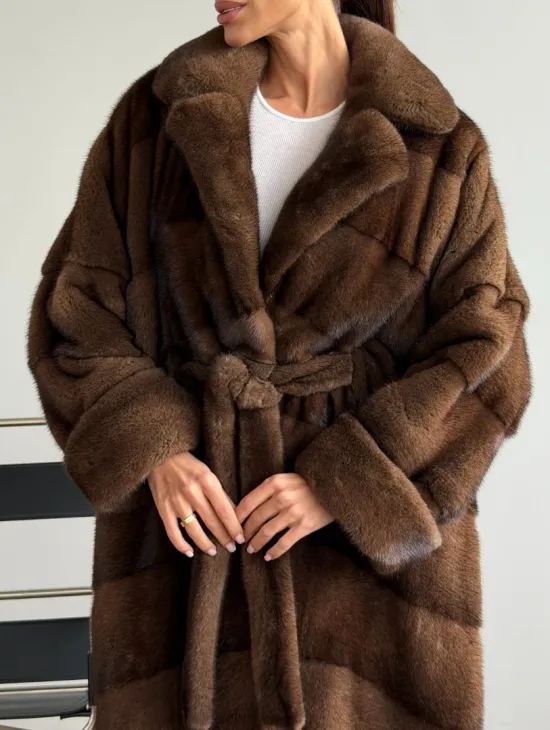 Шуба из плюшевой норки Velvet с английским воротником - цвет соболь - фото 2