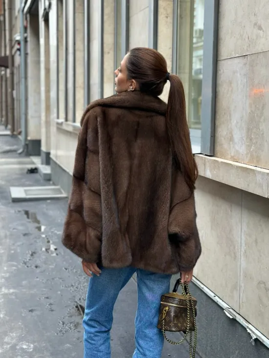 Норковый полушубок с английским воротником - цвет орех - фото 13