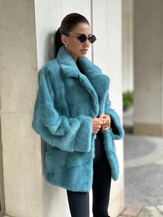 Шуба из норки с английским воротником - цвет тиффани - фото 2