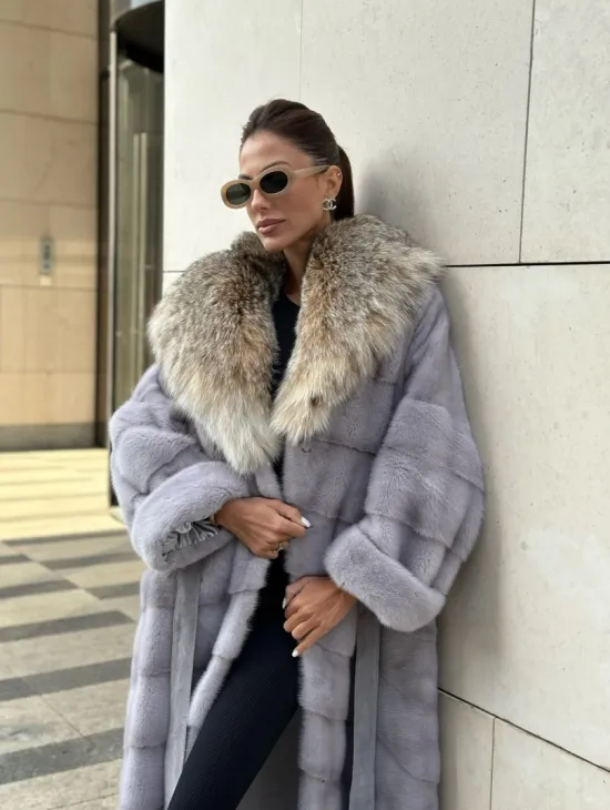 норковая шуба с капюшоном из меха рыси цвет серый сапфир - фото 0