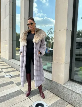 норковая шуба с капюшоном из меха рыси цвет серый сапфир - фото 5