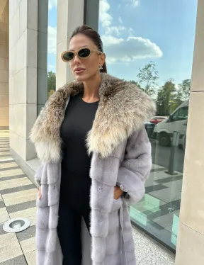 норковая шуба с капюшоном из меха рыси цвет серый сапфир - фото 1