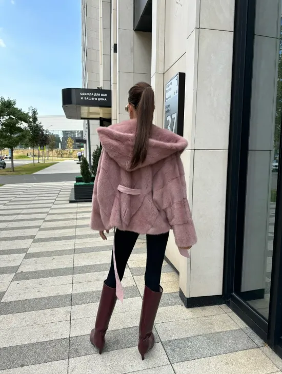 Норковый жакет с капюшоном - цвет розовый фламинго - фото 7