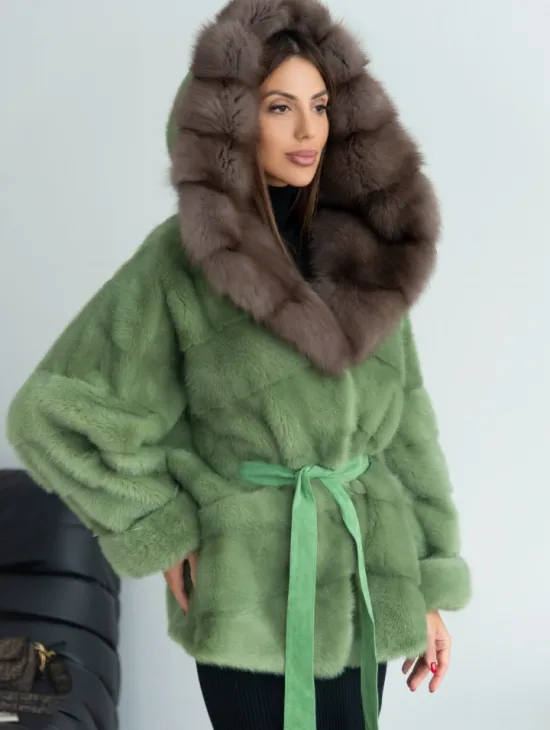 Пончо норковое с капюшоном куница - цвет оливковый - фото 0
