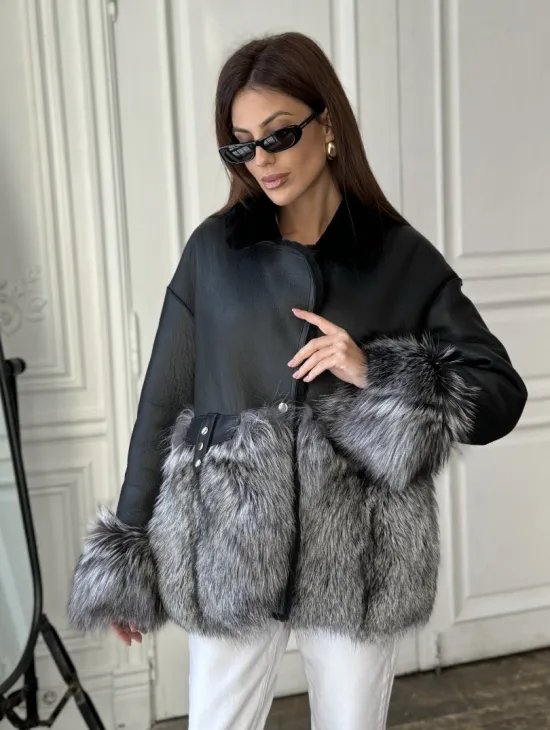 Дубленка с мехом чернобурки - цвет черный - фото 2