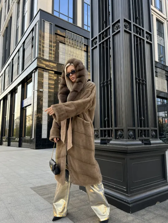 Пастель норковая шуба из меха NAFA капюшон куница - фото 2