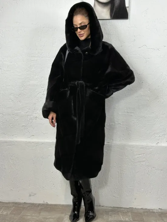 Черная шуба из импортной норки с капюшоном - фото 0