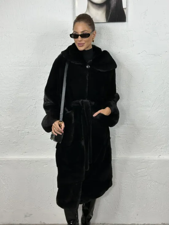 Черная шуба из импортной норки с капюшоном - фото 5