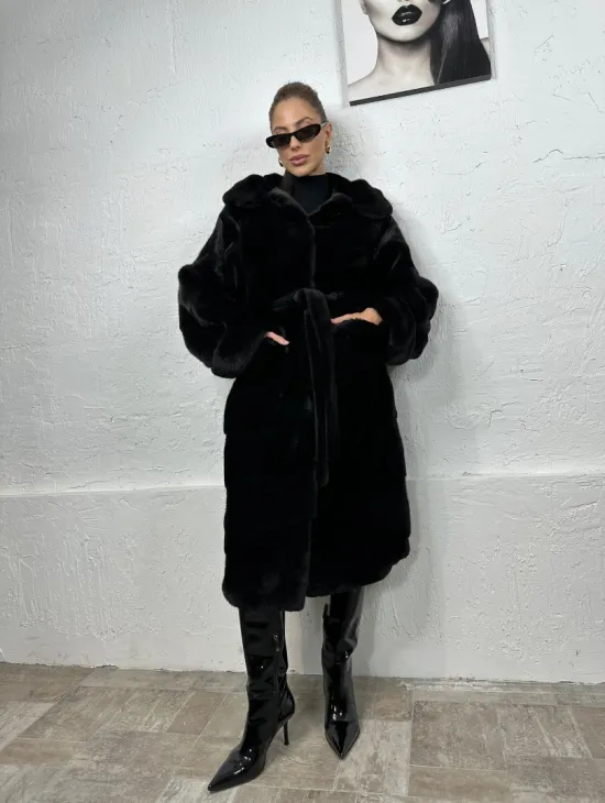 Черная шуба из импортной норки с капюшоном - фото 7