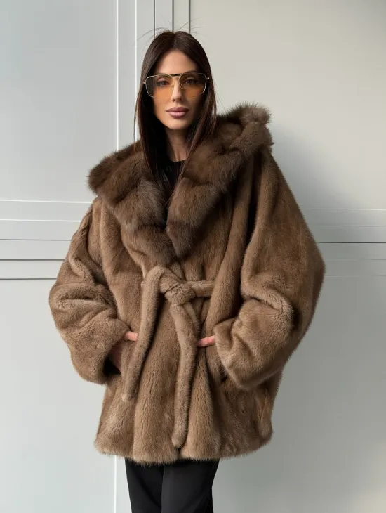 Норка NAFA пошив роспуск пастель с капюшоном куница -летучая мышь - фото 0