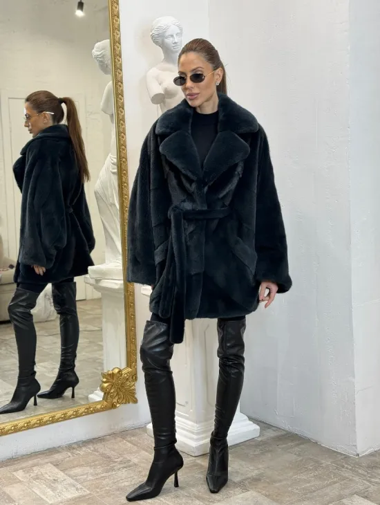 Шуба летучая мышь английский воротник, паркет мех NAFA - цвет черный изумруд - фото 6