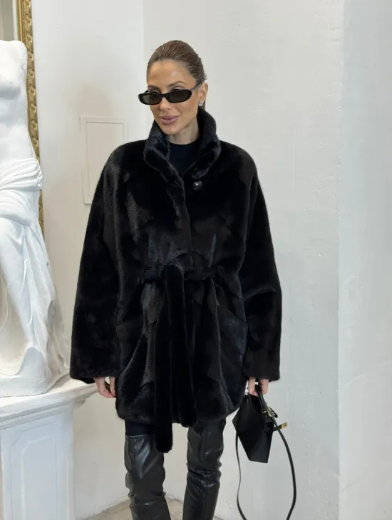 Шуба летучая мышь мех NAFA , стойка воротник - цвет черный бриллиант - фото 6