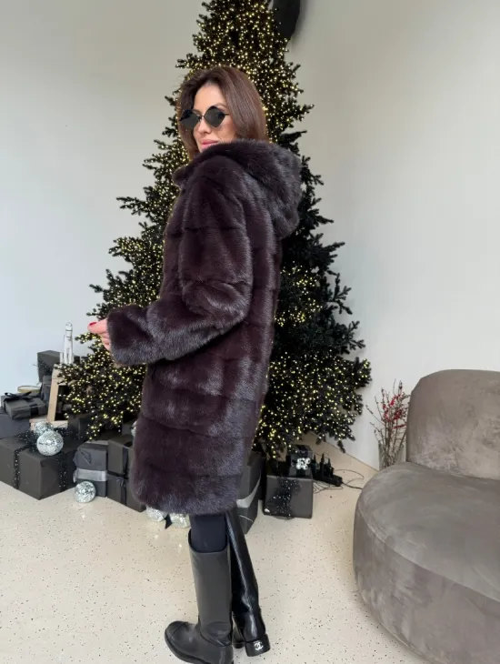 Норковая шуба с капюшоном, поперечка - цвет инжир - фото 3