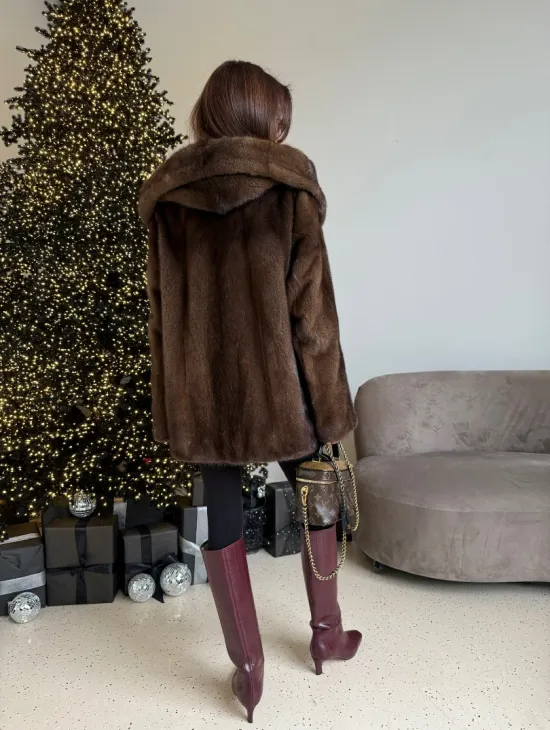 Норка автоледи с капюшоном, роспуск в цвете орех - фото 6