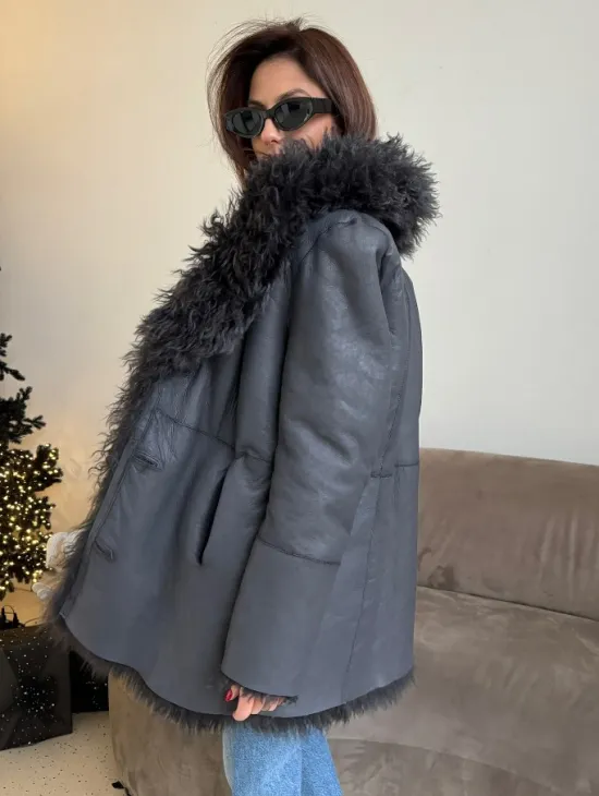 Двусторонняя шуба - дубленка из овчины цвет графит - фото 1