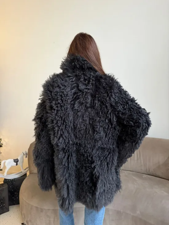 Двусторонняя шуба - дубленка из овчины цвет графит - фото 7