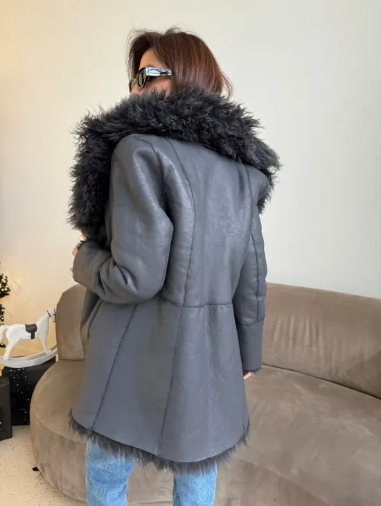 Двусторонняя шуба - дубленка из овчины цвет графит - фото 2