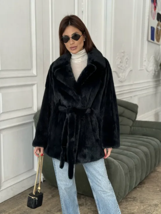 Шуба летучая мышь английский воротник, роспуск мех норка - цвет черный изумруд - фото 5