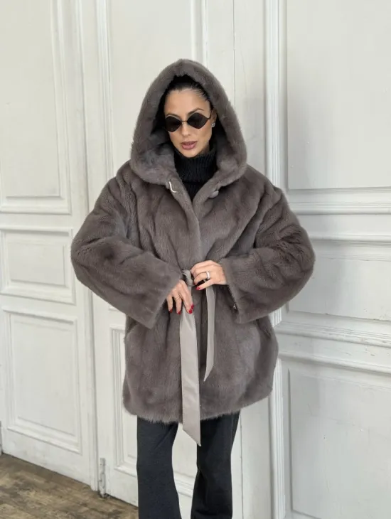 Шуба норковая с капюшоном роспуск - цвет графит - фото 7