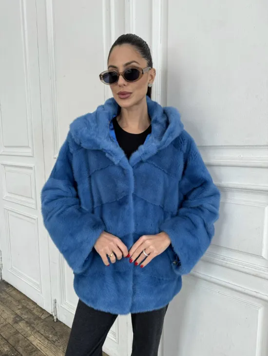 Норковый полушубок с капюшоном, паркет - цвет васильковый - фото 2