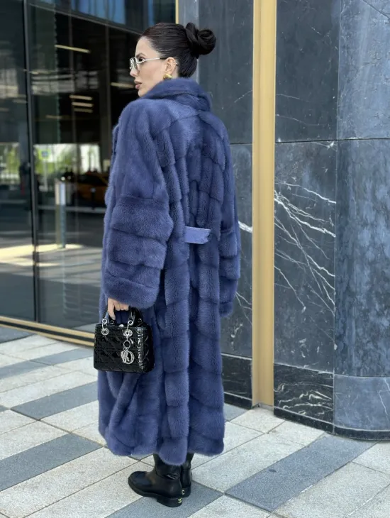 Норковая шуба с английским воротником - цвет джинс - фото 6