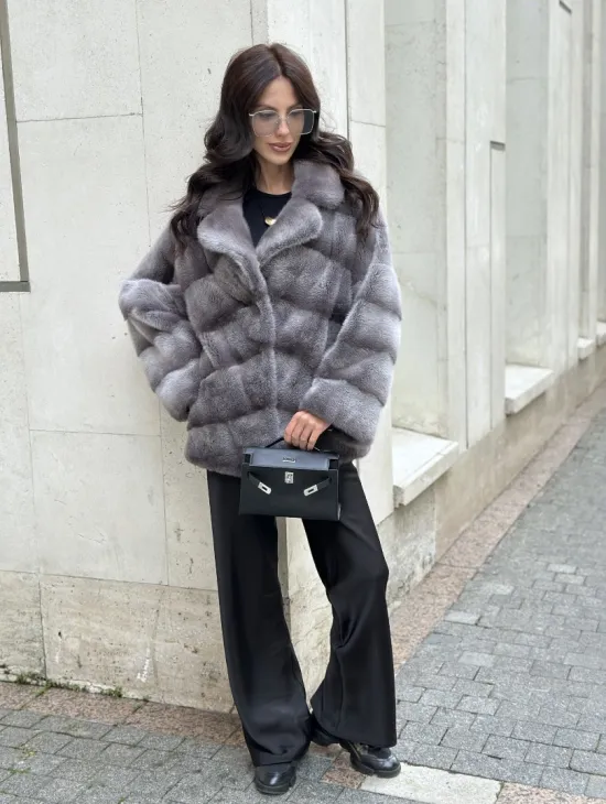 Норковый полушубок с английским воротником - цвет Platinum - фото 11